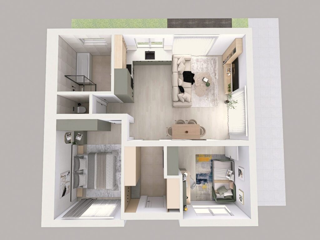 3D pôdorys 3-izbového rodinného domu, pohľad zo strany vstupu – Myto Residence Horné Mýto