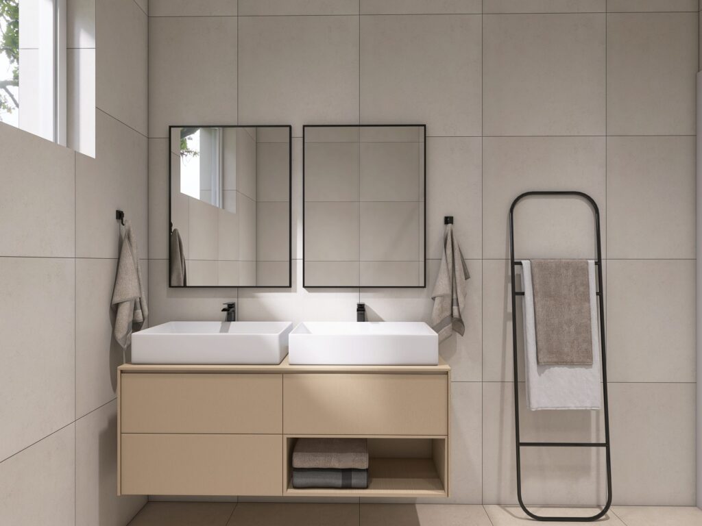Kúpeľňa s dvojumývadlom – vizualizácia interiéru, Myto Residence Horné Mýto
