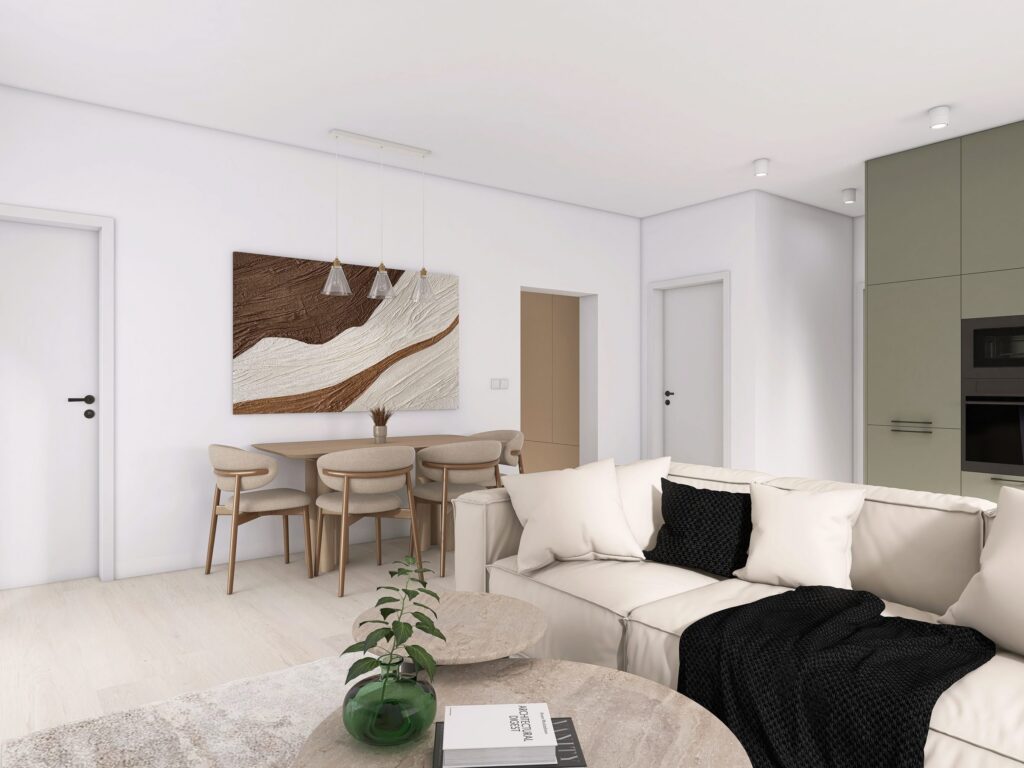 Obývačka s jedálňou – vizualizácia interiéru, Myto Residence Horné Mýto