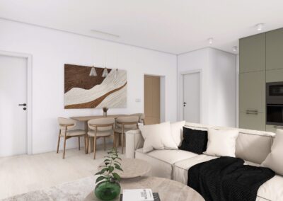 Obývačka s jedálňou – vizualizácia interiéru, Myto Residence Horné Mýto