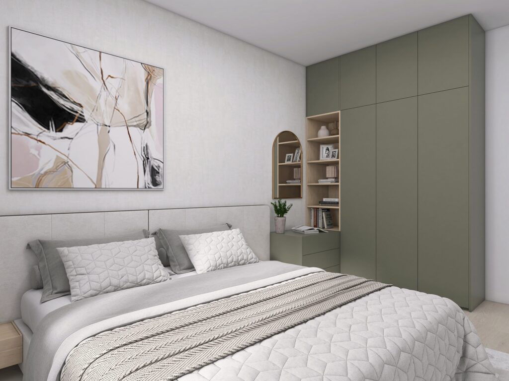 Spálňa so vstavanou skriňou – vizualizácia interiéru, Myto Residence Horné Mýto