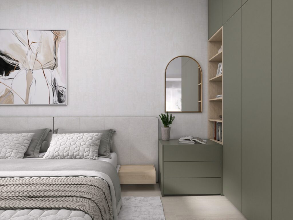 Spálňa, pohľad na úložný priestor – vizualizácia interiéru, Myto Residence Horné Mýto